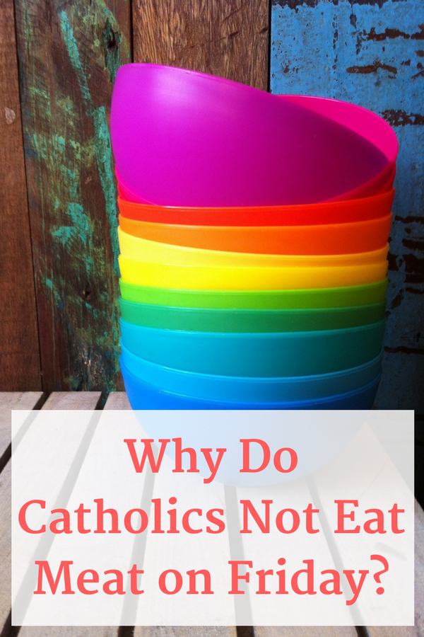 Colorful bowls on display while talking about Catholics abstaining from meat on Friday.